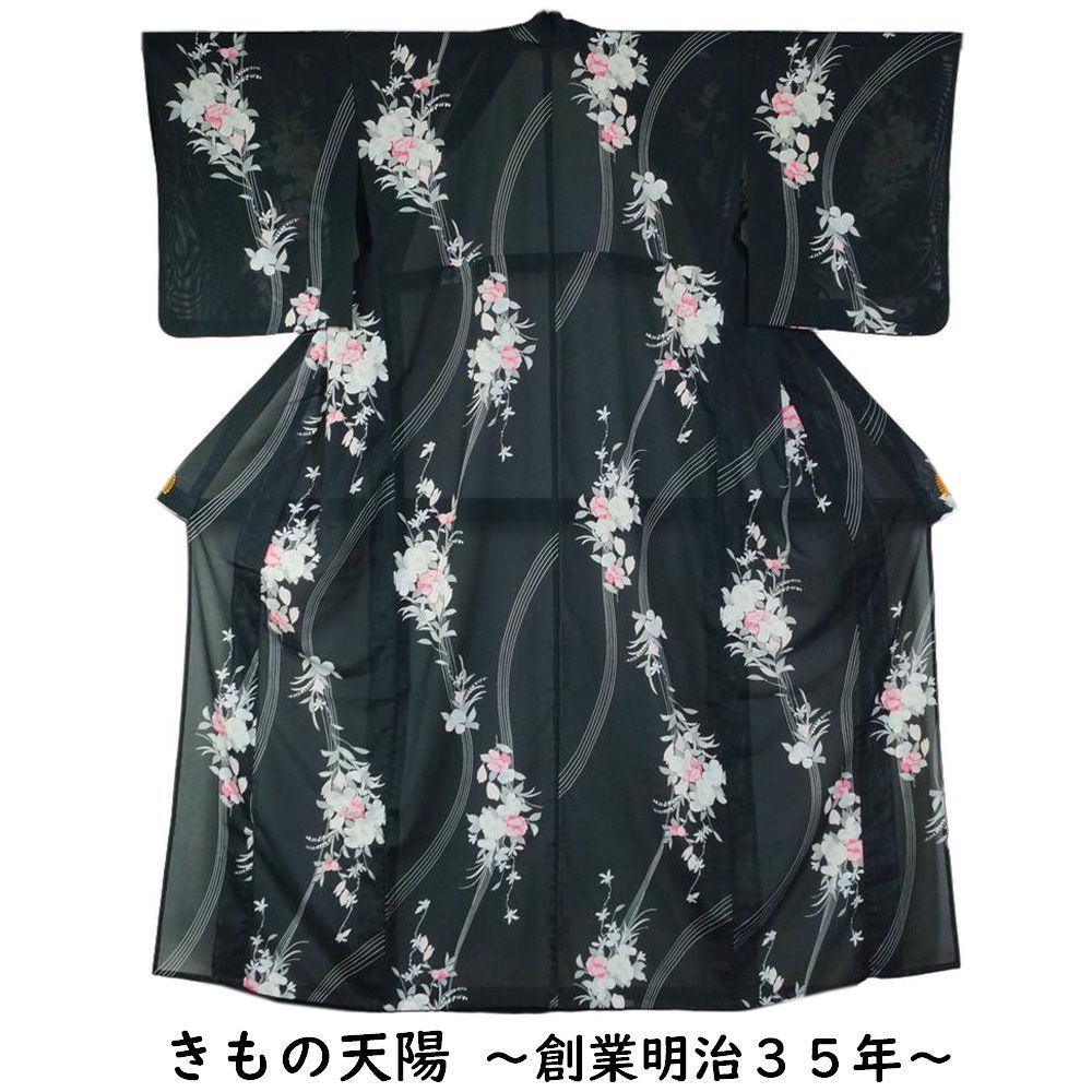 夏着物 絽 小紋 踊り着物 化繊 洗える着物 流線に洋花模様 夏 着物