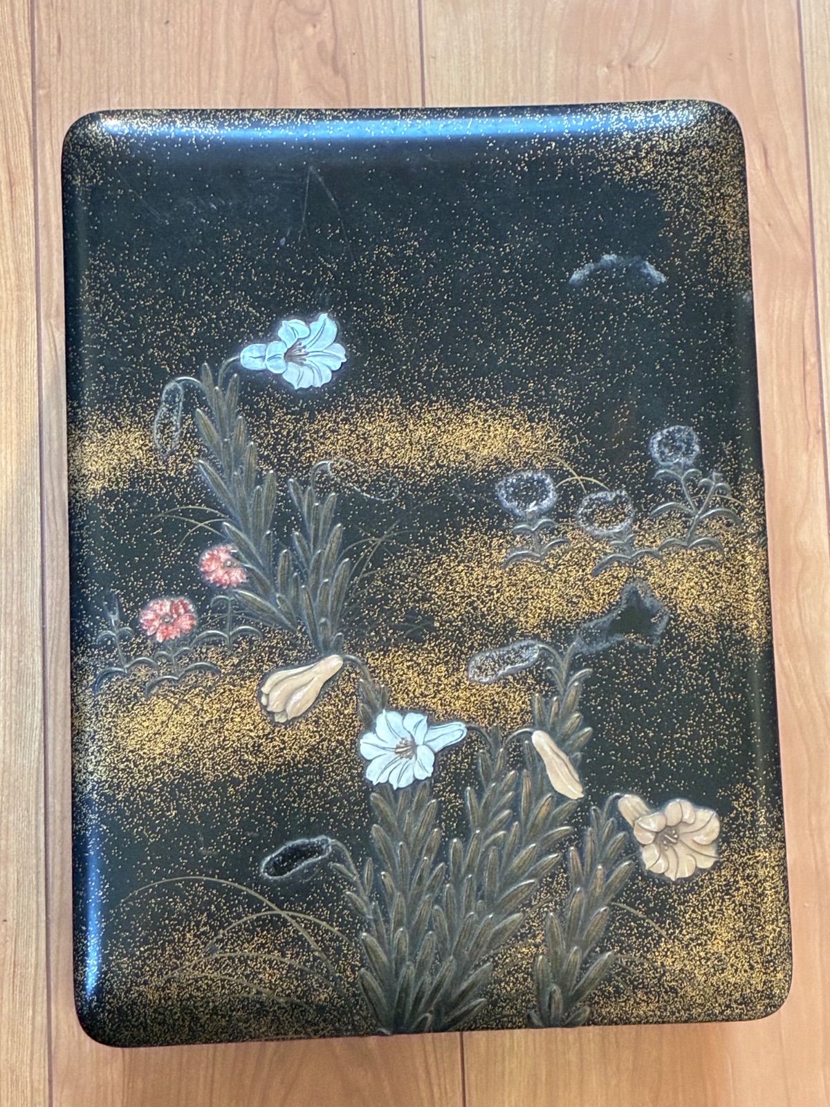 【金彩螺鈿】時代物 梨地螺鈿蒔絵 文箱 鳳凰唐草内裏 秋草貝象嵌 漆器 骨董