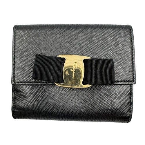 FERRAGAMO　フェラガモ ヴァラ　折り財布 ブラック リボン