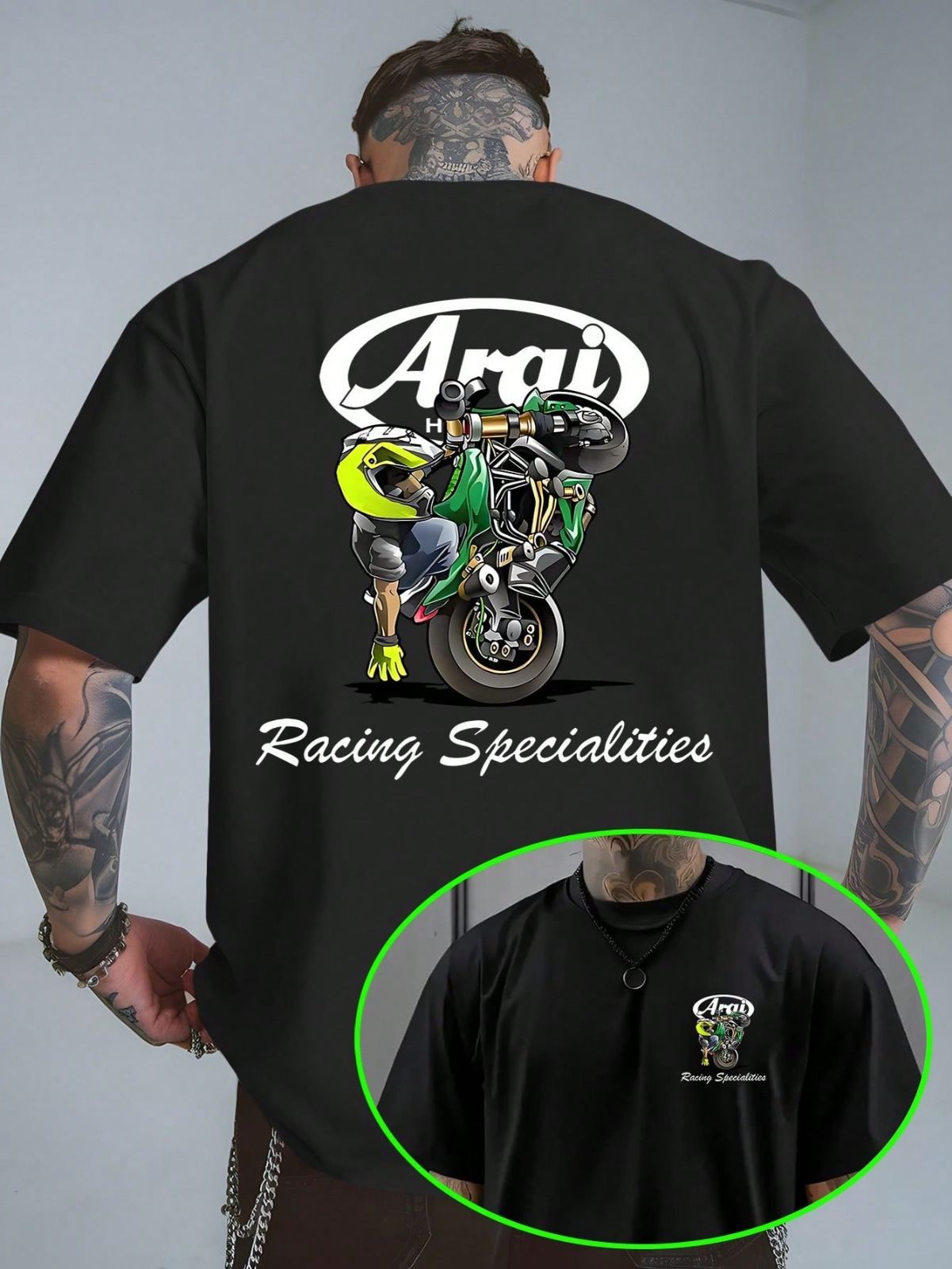 「Arai バイクレーシング」プリント おしゃれTシャツ バイク・レーシング好きカジュアルコーデに人気 カジュアル普段着最適 新品送料込 メンズ レディース 男女兼用