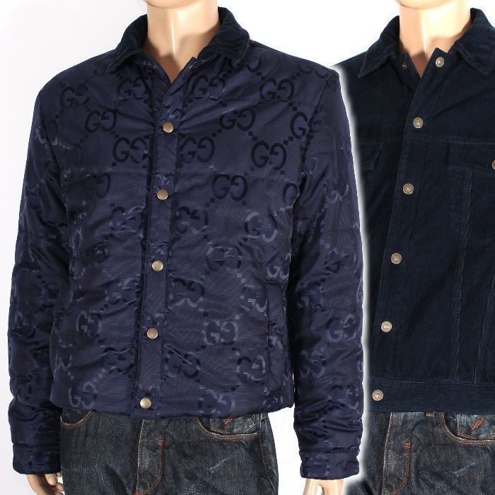 GUCCI グッチ ジャンボGGナイロンキャンバス ＆ コーデュロイ リバーシブル ジャケット 713872 XDB44 4692 48サイズ ダークブルー ダウンジャケット ブルゾン アウター メンズ ユニセックス【新品・本物】 売れ筋