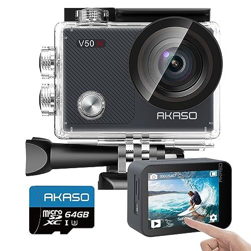 AKASO アクションカメラ V50X，4K30fps 20MP 64GB microSDメモリーカード付き 新版6軸手ぶれ補正 4Xズーム WiFi対応 小型アクションカム 30M防水 タッチスクリーン式 ウェアラブルカメラ HDMI出力 c89f17a7