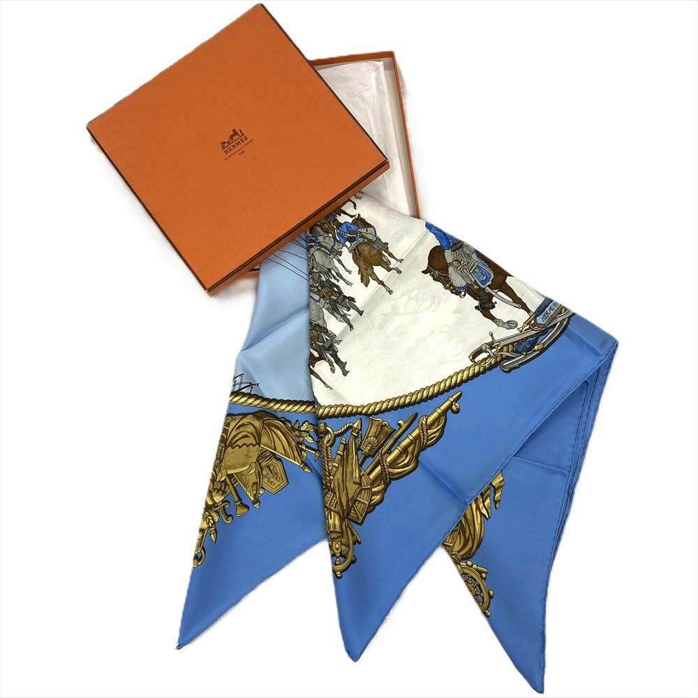 エルメス HERMES カレ90 海と騎兵隊 MARINE ET CAVALERIE スカーフ シルク スカイブルー ユニセックス【中古】