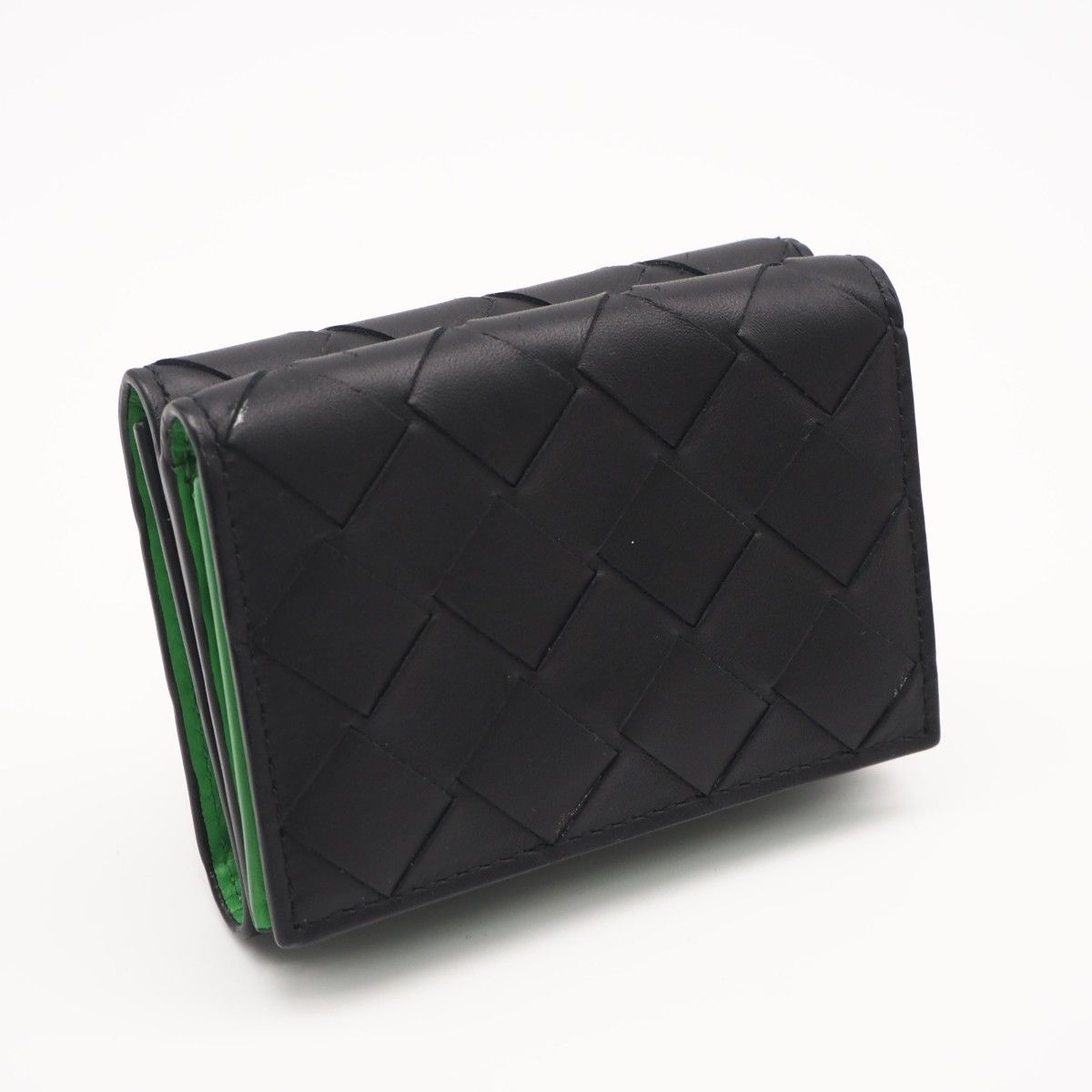 ★3日以内返品可★美品 BOTTEGAVENETA ボッテガヴェネタ イントレチャート タイニー 三つ折り ウォレット 667036 三つ折り財布 ブラック グリーン カーフレザー メンズ