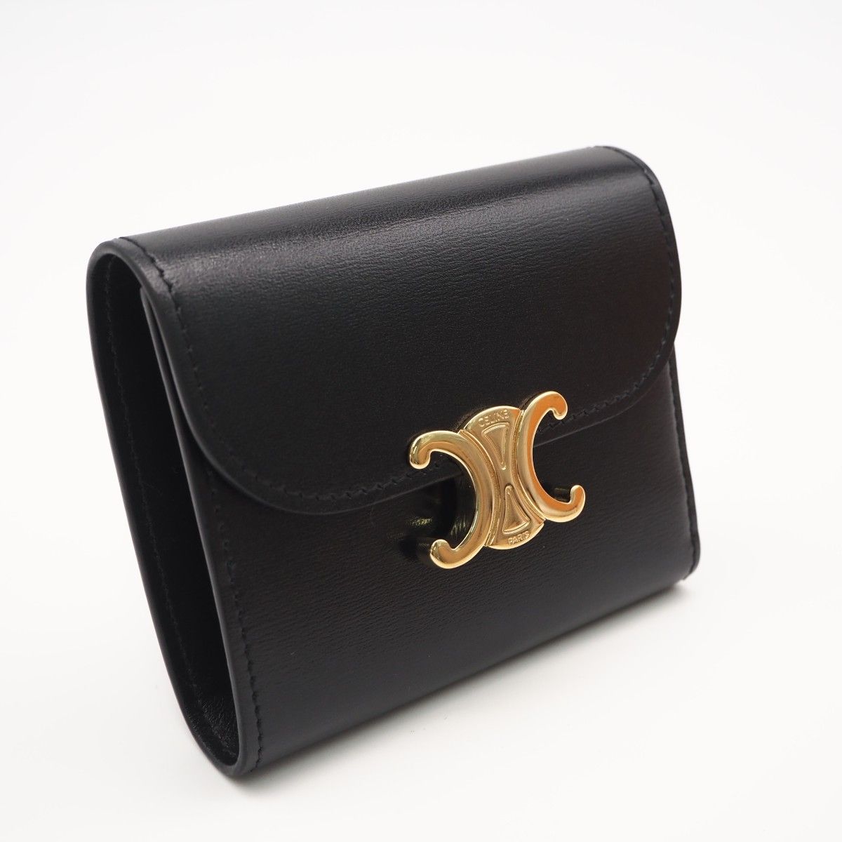 ★3日以内返品可★美品 CELINE セリーヌ トリオンフ スモール フラップウォレット 10D783 三つ折り財布 ブラック カーフレザー レディース