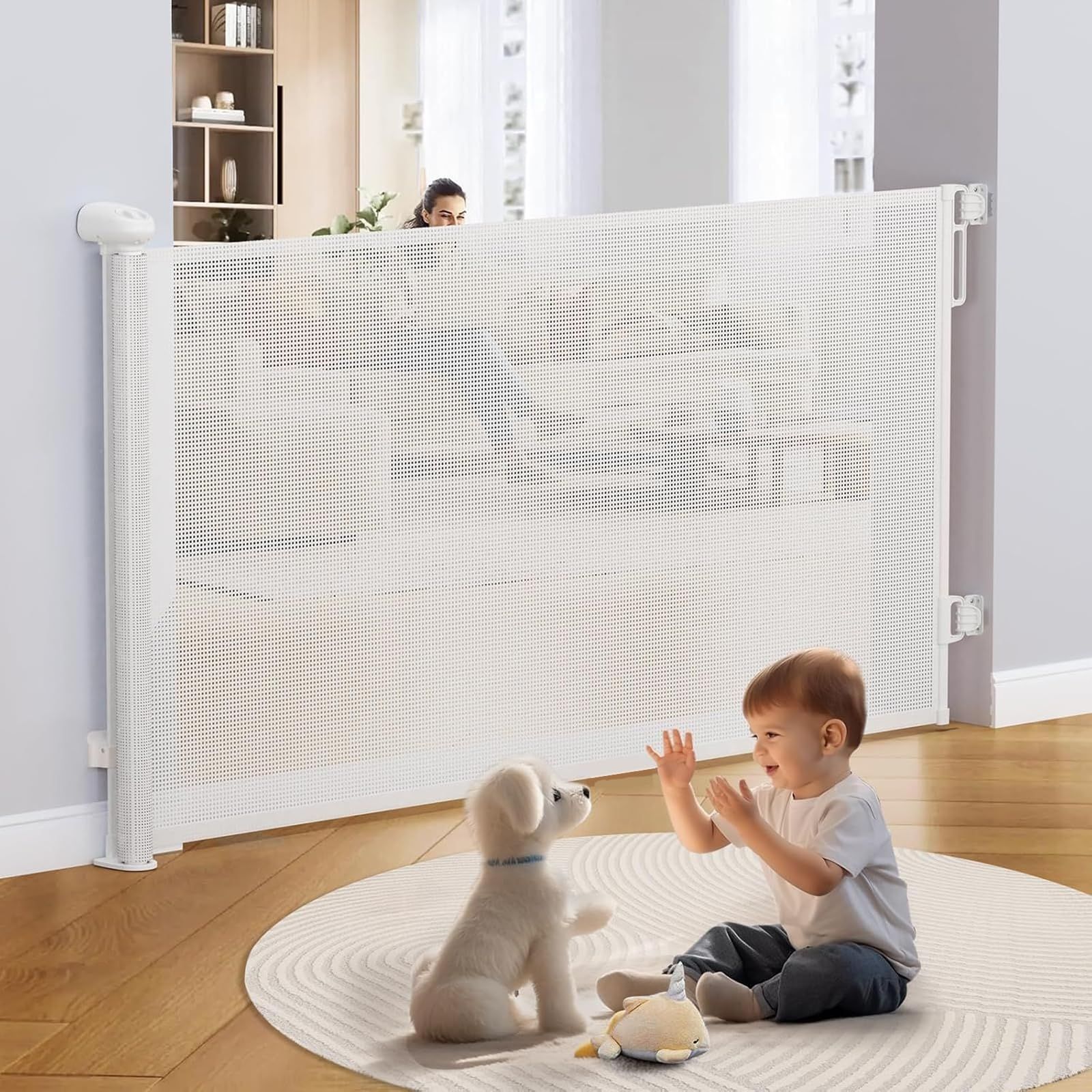 ベビーゲート ロール式 【ネジ付け可＆貼り付け可】 幅140CM ペットゲート ベビーゲート 階段上 巻き取り式 階段ゲート 格納式 安全ロック機能 赤ちゃん/ペット/猫/犬に適応 日本語取扱説明書付き (ホワイト, 最大幅140cmｘ高86 68d7b18c