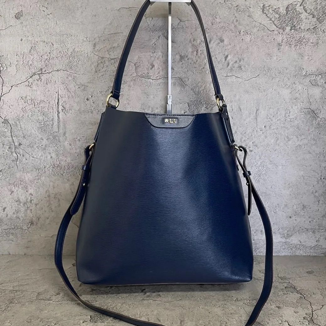 美品　LAUREN RALPH LAUREN　ラルフローレン　2way ショルダーバッグ　チャーム　ロゴ　ゴールド金具　レザー　紺　ネイビー