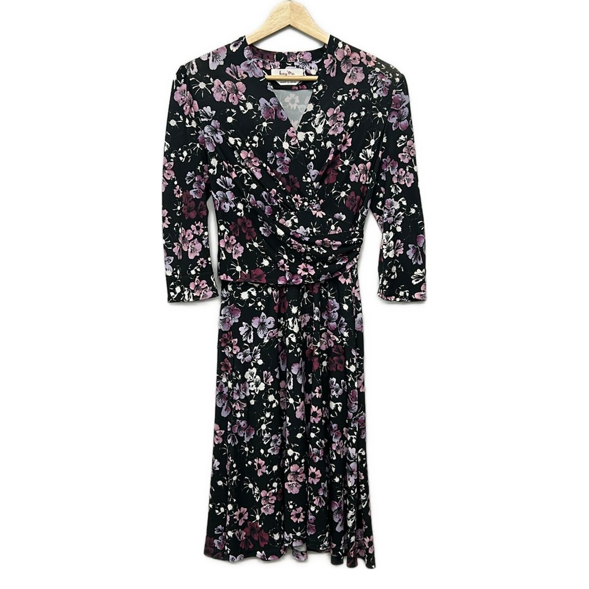 kayme(ケイミー) ワンピース サイズ7 S レディース美品 - 黒×ライトパープル×マルチ 七分袖/ロング/花柄
