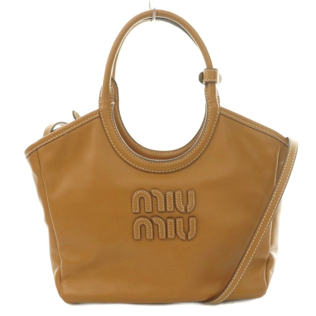 ミュウミュウ miumiu Ivy アイビー レザーバッグ 2WAY ハンド ショルダー ロゴ ワンカラー 牛革 コニャックブラウン 5BA284 /BB ■OH ■SH