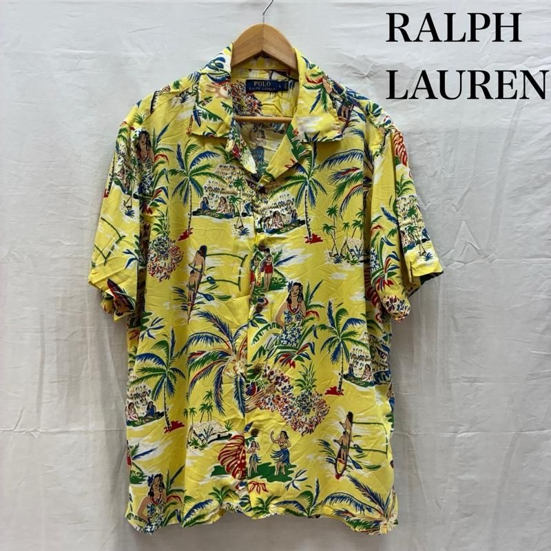 POLO RALPH LAUREN イエロー ビスコース アロハシャツ XL ポロラルフローレン ヤシの木 フラダンス ハワイアン レーヨン アロハ