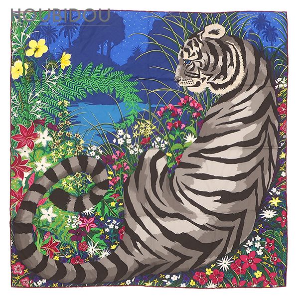エルメス HERMES スカーフ カレ90 シルク ブルーラヴァンド×グリーン×マルチカラー 【TYGER TYGER /タイガー タイガー】 【箱】【中古】