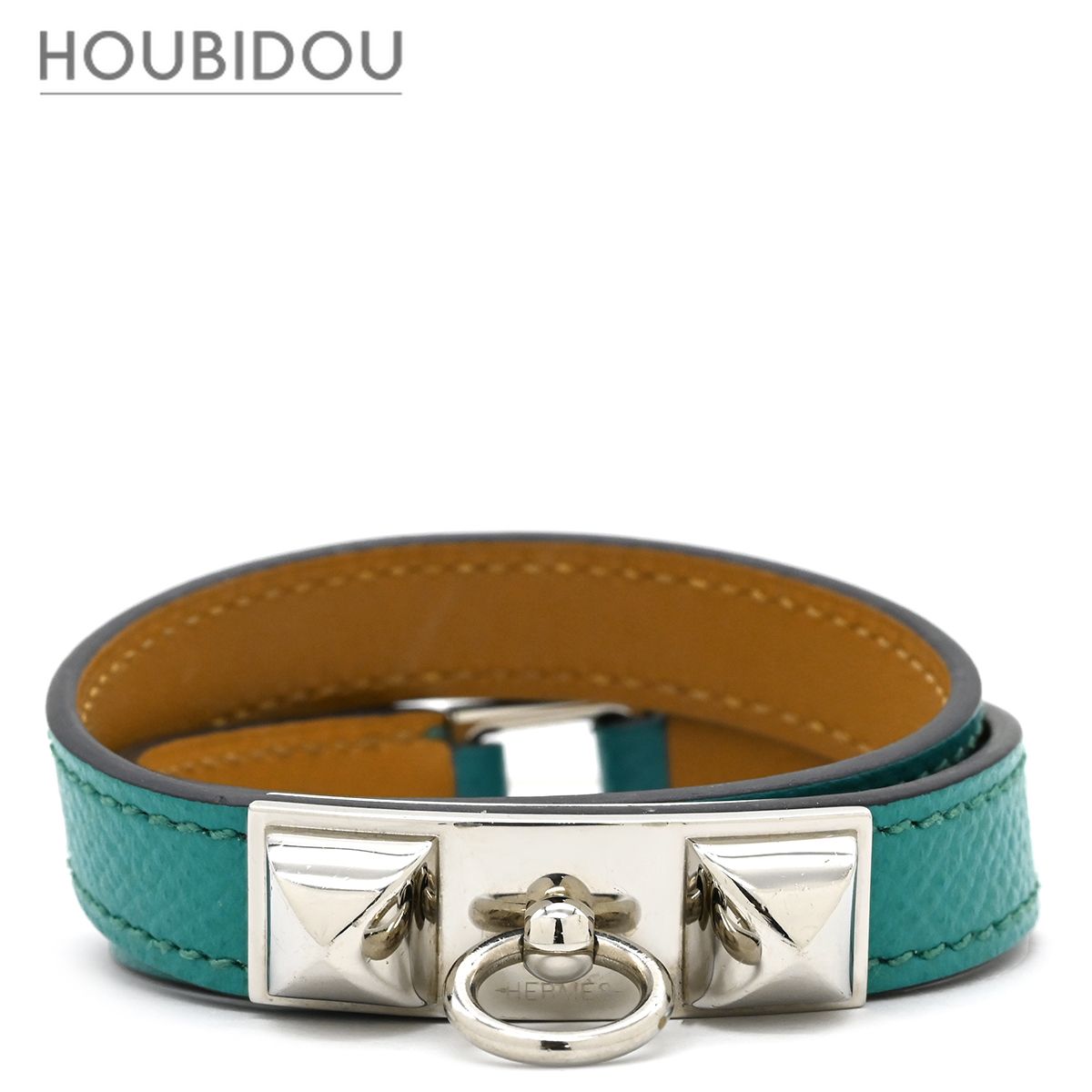 エルメス HERMES ブレスレット リヴァル ドゥブルトゥール ヴォーエプソン GP ブルーパオン S シルバー金具 ブルーグリーン 二重 二連 スタッズ X 【箱】【中古】