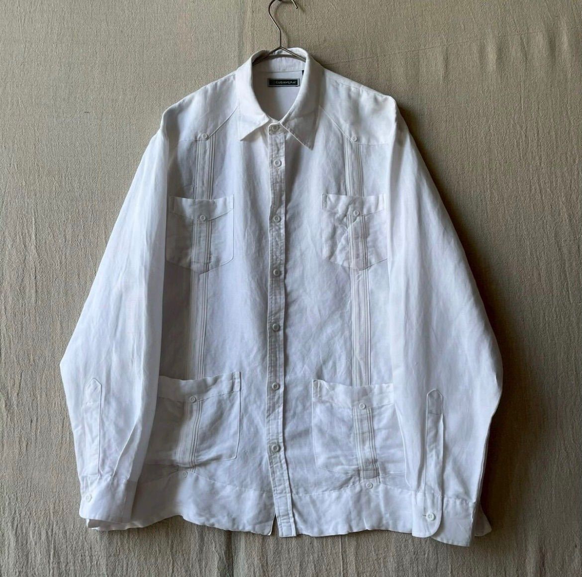 【リネン×レーヨン】 90s 00s CUBAVERA キューバ シャツ / L ホワイト 長袖 USA ビンテージ T6-01056-9390