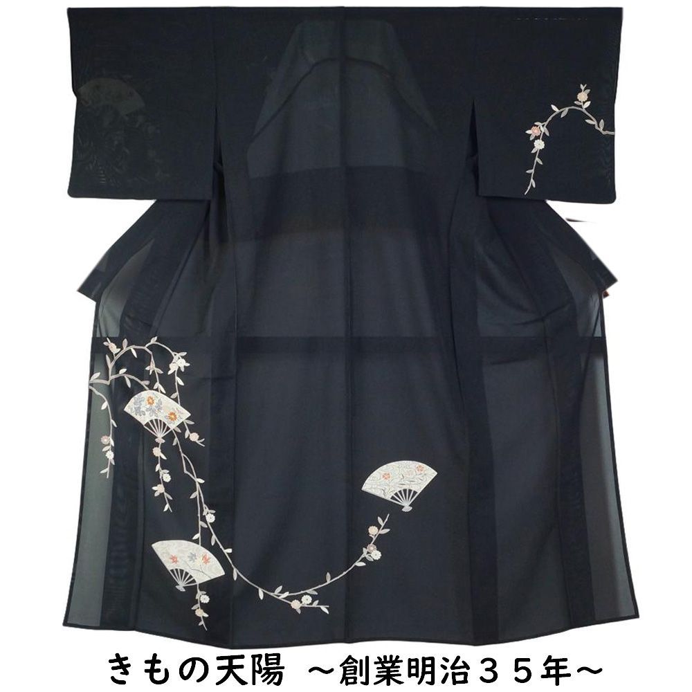 夏物 絽 付下げ訪問着 少難有品 扇に秋草模様 黒色系 Sサイズ 正絹