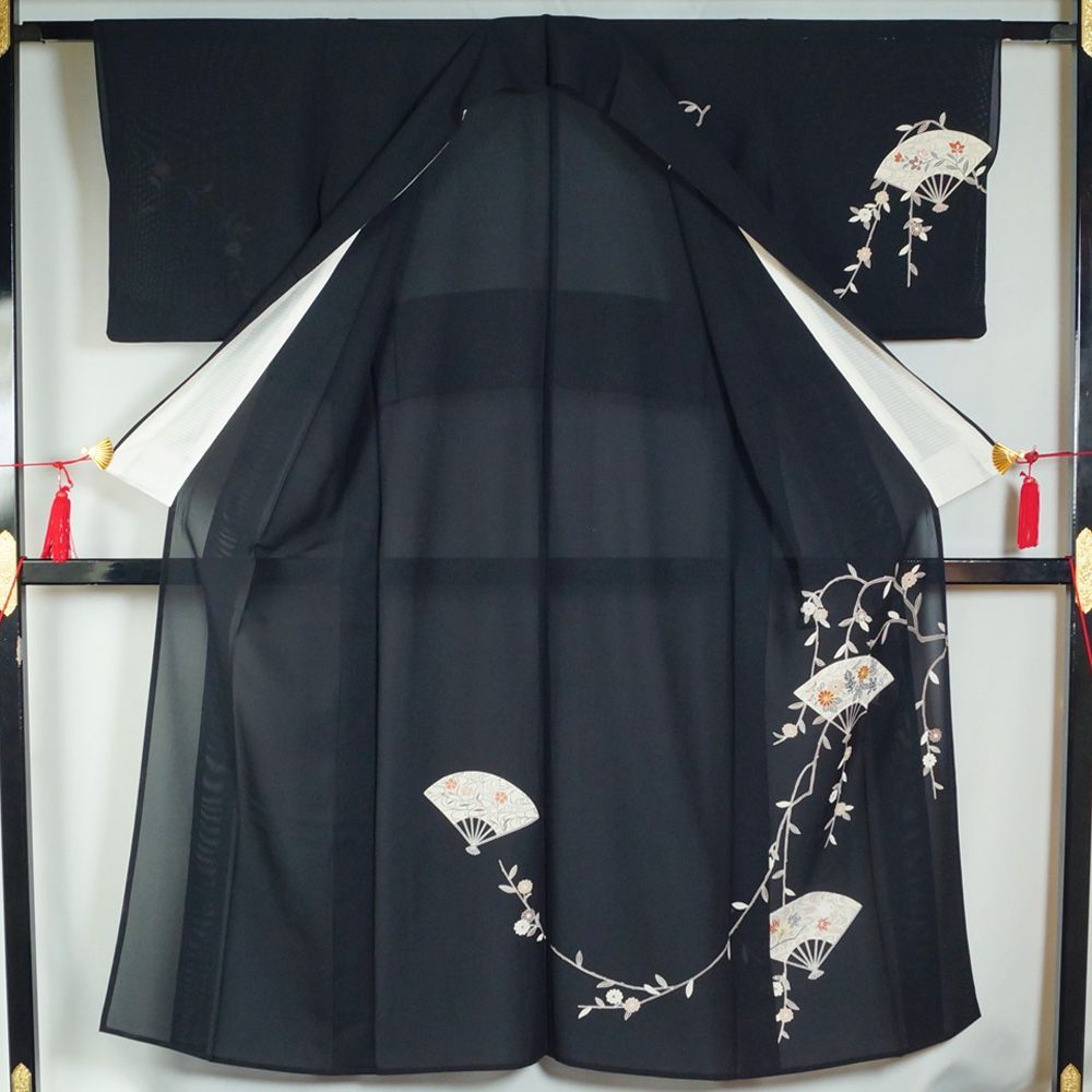 夏物 絽 付下げ訪問着 少難有品 扇に秋草模様 黒色系 Sサイズ 正絹