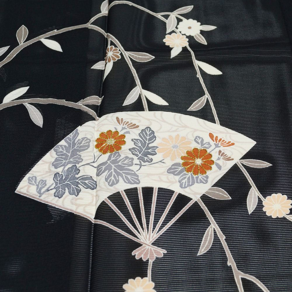 絽　夏物　訪問着　正絹　刺繍 夏物 絽 付下げ訪問着 少難有品 扇に秋草模様 黒色系 Sサイズ 正絹