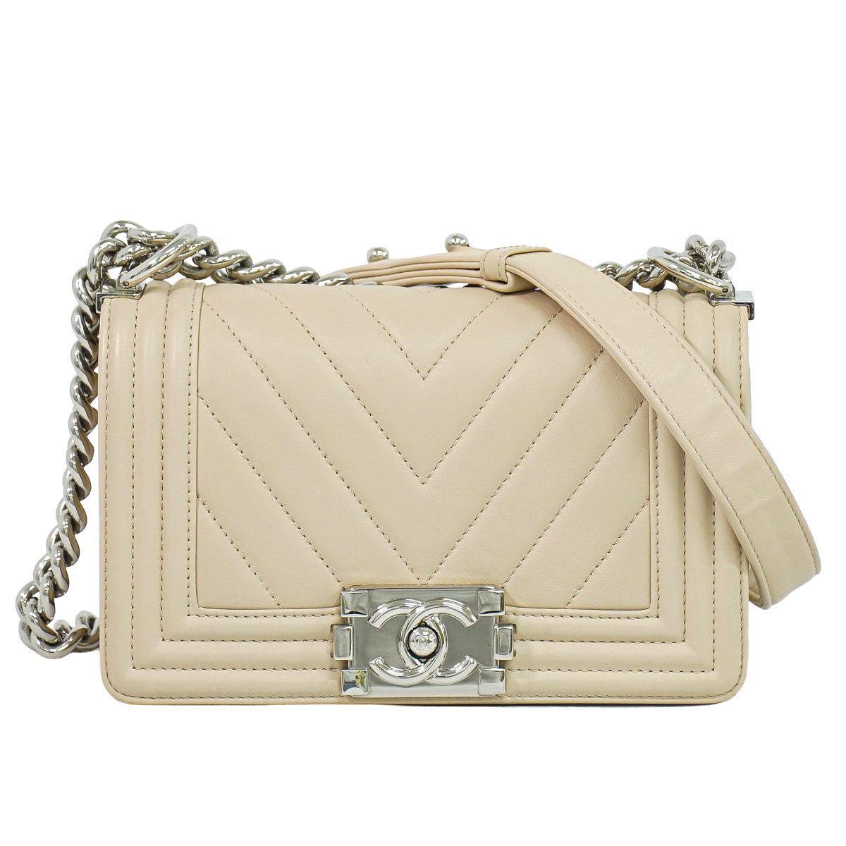 本物 シャネル CHANEL ボーイシャネル ココマーク Vステッチ チェーン ショルダーバッグ ポシェット ラムスキン レザー ピンクベージュ Boy バッグ 中古・
