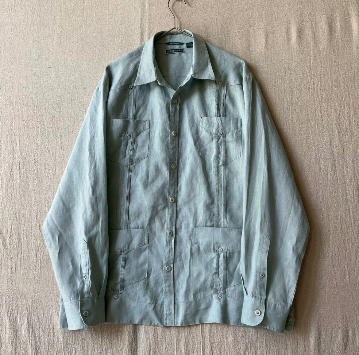 90s 00s CUBAVERA リネン キューバ シャツ / L グリーン 長袖 USA ビンテージ T6-02098-9574