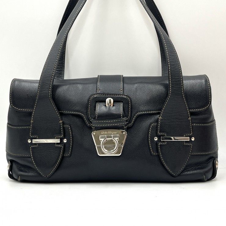 Salvatore Ferragamo（サルヴァトーレフェラガモ） ガンチーニ ヴィンテージ ハンドバッグ ブラック レザー シルバー金具 レディース【中古】