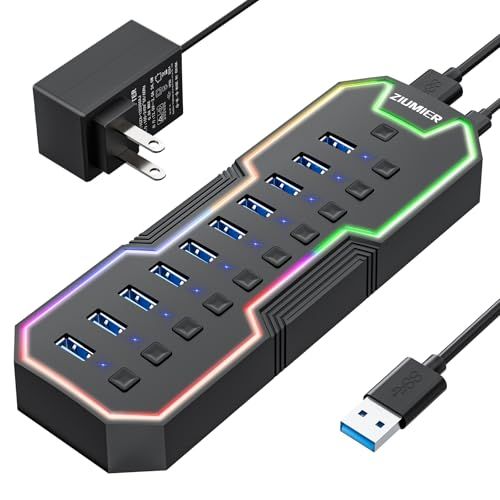 ZIUMIER 電源USBハブ 10ポート USB 3.0ハブ RGB LEDストリップ付き 12V/2A 電源アダプター USB延長 MacBook Mac Pro Mac mini iMac Surface Pro XPS PC フラッシ d8056678