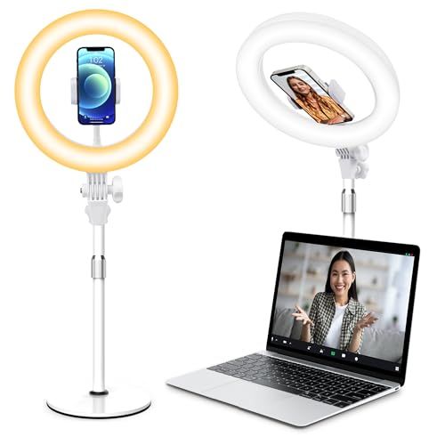 Yarrashop LEDリングライト 女優ライト 撮影配信用ライト 10インチ 卓上 パソコン スマホ ライト オンライン Web会議ライト 影がなし 10段調光 3色モード USB給電 スマホスタンド付 360°回転 金属制台座 安定性良 a01481bc