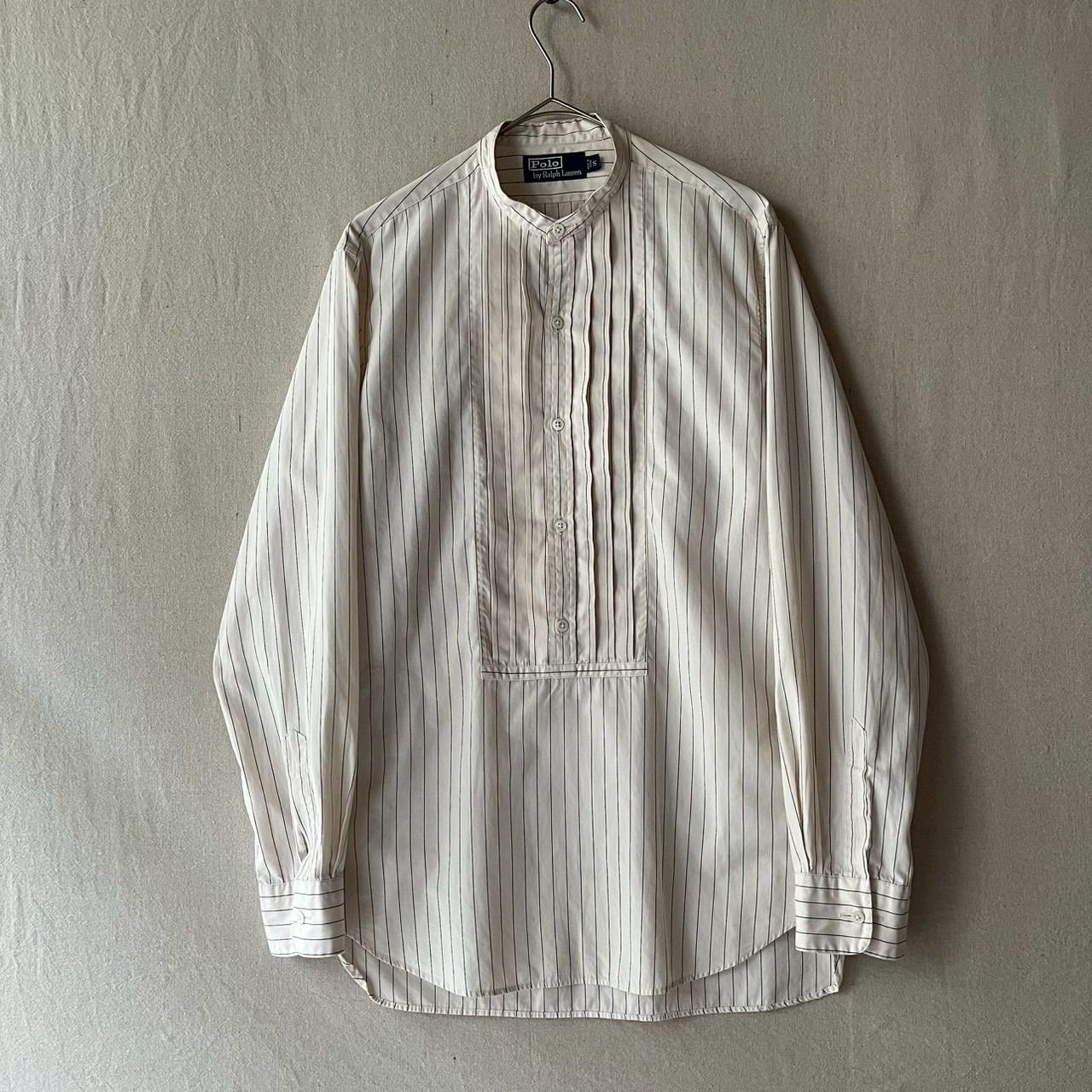 90s Polo Ralph Lauren プルオーバー シャツ / S コットン アイボリー ストライプ バンドカラー ドレス USA ビンデージ T6-04010-9319