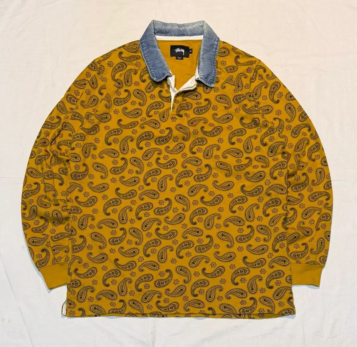 STUSSY ベイズリー バンダナ パータン ロングスリーブ ラグビー カラーTシャツ マスタード