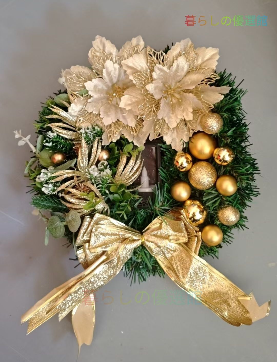 クリスマスリース 直径30cmライト付き花輪新年リース祝い大きい