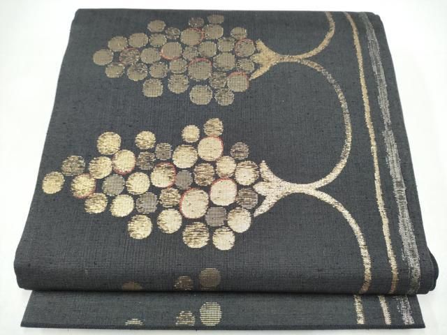 平和屋着物●六通柄袋帯 葡萄 黒地 金糸 正絹 逸品 CABI0093hy