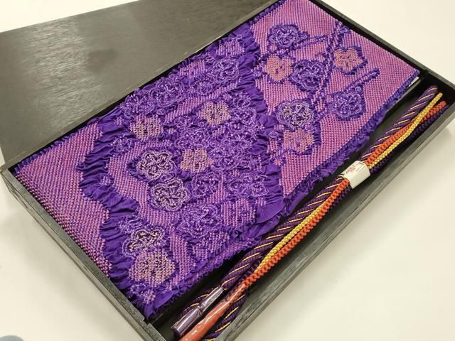 平和屋本店●和装小物　振袖用帯締め・帯揚げセット　総絞り　枝梅　金糸　金彩　逸品　未使用　AABJ5901ay