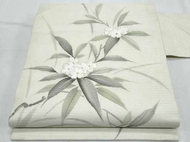 平和屋着物＊夏物　九寸名古屋帯　作家物　手描き　刺繍　草花文　銀彩　正絹　逸品　CABH8181fb