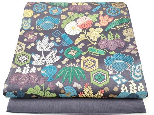 平和屋着物●西陣　六通柄袋帯　唐織　草花文　金糸　証紙付き　正絹　逸品　CABI0115hy