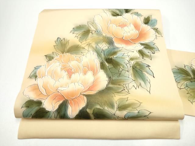 平和屋着物●塩瀬　九寸名古屋帯　手描き　牡丹　金彩　正絹　逸品　CABG6215hy