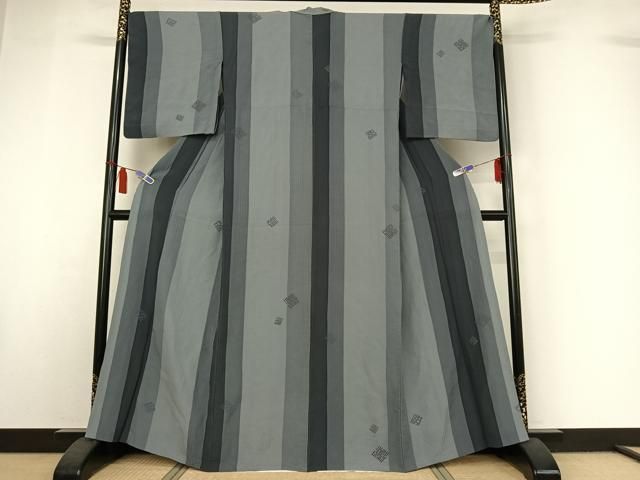 平和屋着物▽上質な小紋　単衣　縞　正絹　逸品　AABI7058jh