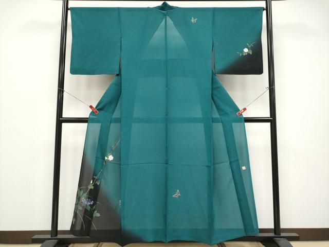 平和屋着物＊夏物　訪問着　作家物　手描き　菱紋紗　花蝶文　暈し染め　金銀彩　正絹　逸品　CABG3256tx