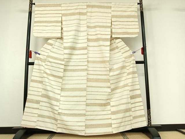 平和屋着物▽上質な紬　単衣　横段文　正絹　逸品　AABI7067jh