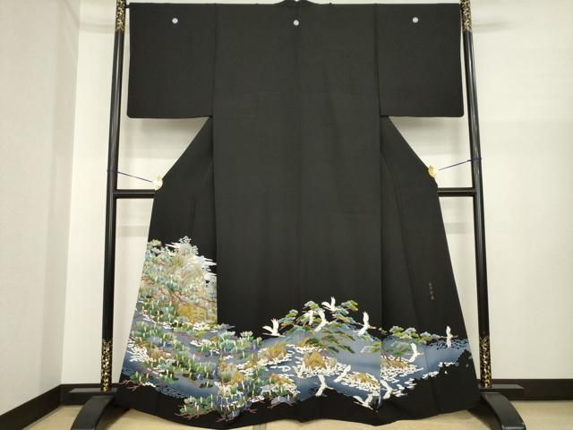 平和屋着物●豪華黒留袖　蘇州刺繍　飛鶴風景松文　正絹　逸品　AABI6955ck