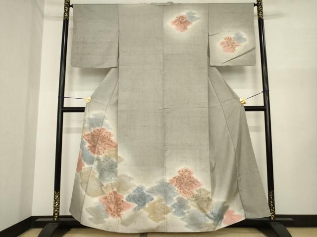 平和屋着物●訪問着　紬地　辻が花　松皮菱花文　暈し染め　金彩　正絹　逸品　AABI6938ck