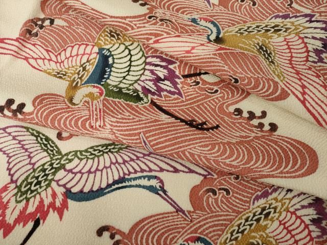 平和屋着物●上質な小紋　紅型　立波飛鶴文　鬼しぼ縮緬　正絹　逸品　AABI6943ck