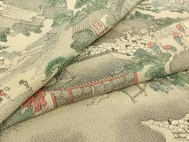 平和屋着物▽上質な小紋　単衣　手描き　人物風景文　鬼しぼ縮緬　正絹　逸品　AABI7047jh