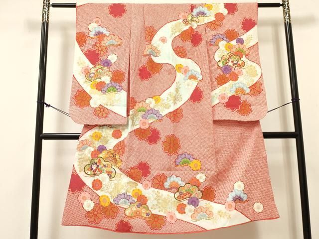 平和屋着物[]七五三　女の子　７歳　祝着　四つ身　駒刺繍　松取り飛鶴花文　暈し染め　金彩　DABE7178ma
