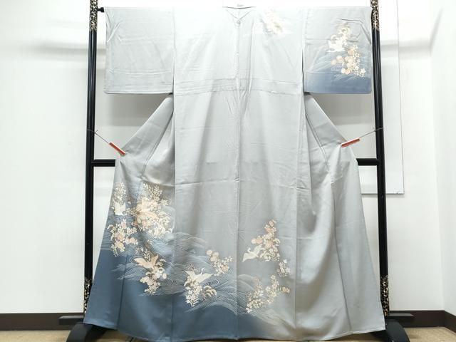 平和屋着物▽訪問着　単衣　駒刺繍　立波飛鶴花文　暈し染め　金彩　正絹　逸品　CABG2598th