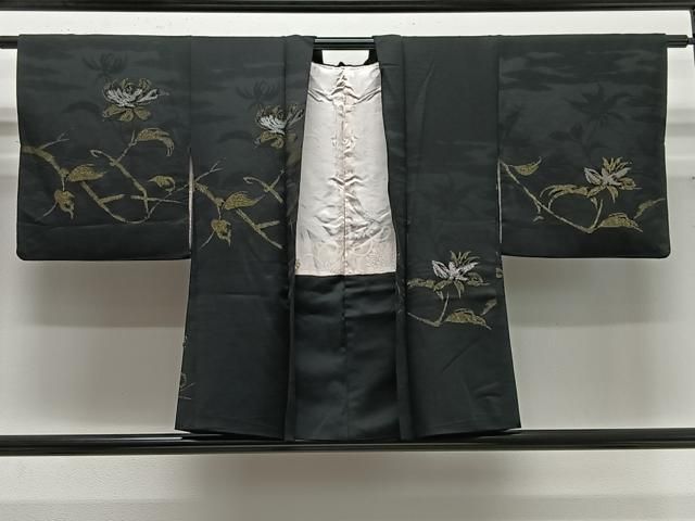 平和屋着物＃羽織　寿光織　枝花文　黒地　金糸　正絹　逸品　CABG3763ua