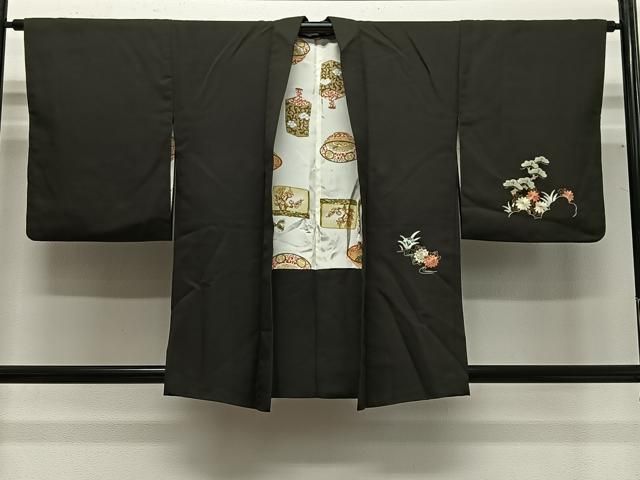 平和屋着物＃羽織　総刺繍　絵巻草花文　黒地　正絹　逸品　CABG3769ua