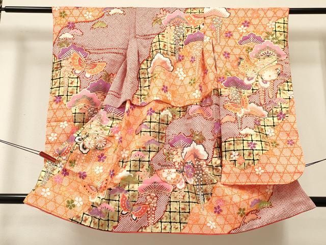 平和屋着物[]七五三　女の子　３歳　祝着　三つ身　襦袢付き　花蝶文　金彩　逸品　DABE7184ma