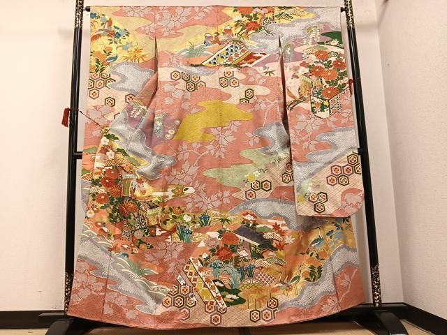 平和屋着物●豪華振袖　絞り　鴛鴦群れ鶴御所車草花文　金彩　正絹　逸品　AABI6331ph