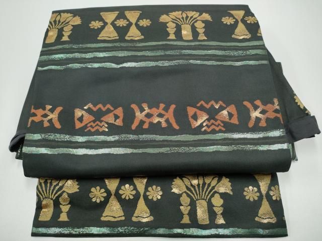 平和屋着物●つけ帯　陶器幾何学花文　黒地　金糸　正絹　逸品　CABG6136hy