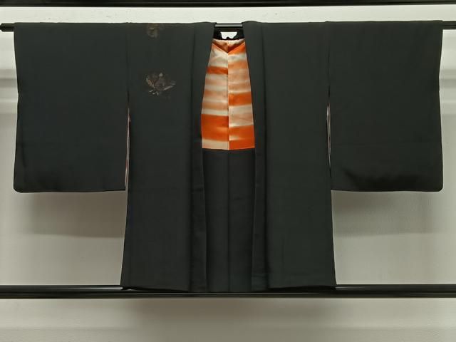 平和屋着物＃羽織　寿光織　草花文　黒地　金糸　正絹　逸品　CABG3725ua