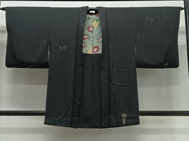 平和屋着物＃羽織　寿光織　茶道具　黒地　金糸　正絹　逸品　CABG3729ua