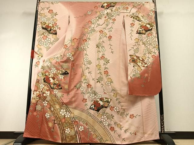 平和屋着物●豪華振袖　駒刺繍　扇面花鳥文　暈し染め　金彩　正絹　逸品　AABI1755fy